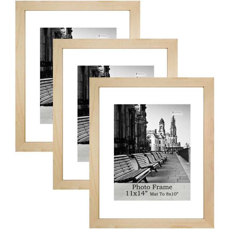 Meetart Picture Frames 11x14 inch Pack of 3 Piece in Plastic Glass MDF Shallow wooden-grain Color Frame, Display Pictures 11x14 8x10, Wall Hanger Vertical and Horizontal. - Image 1